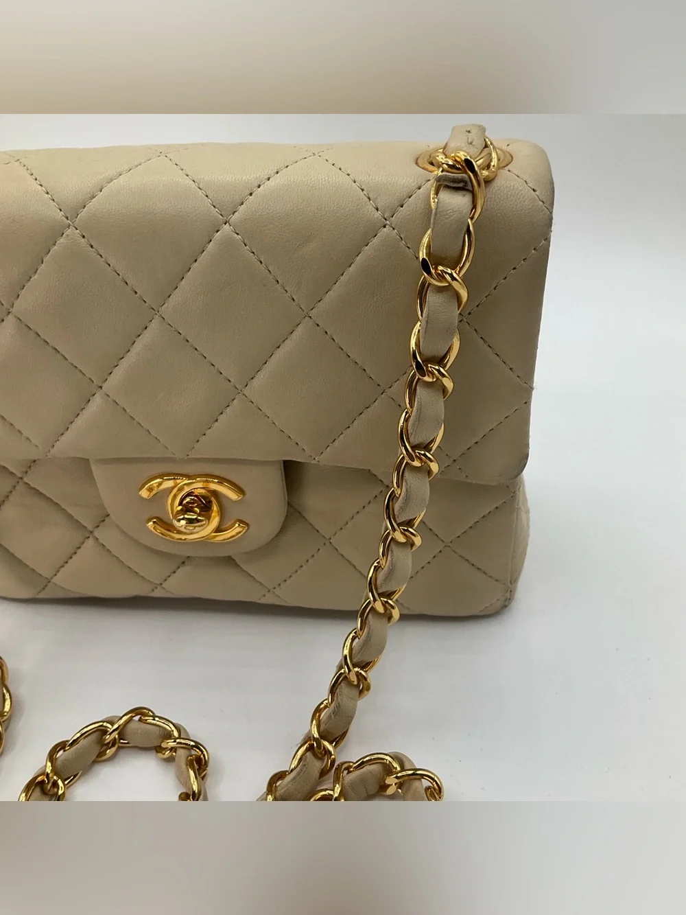 Chanel Classic Mini Flap Beige Quilted Lambskin Leather Gold Chain Shoulder Bag